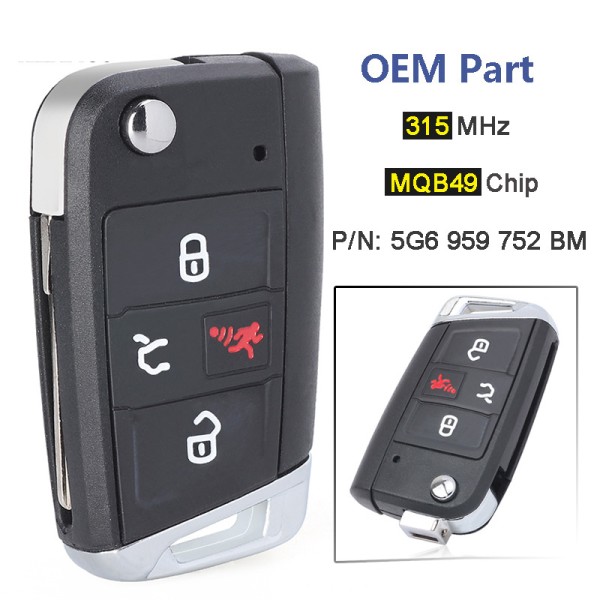 315MHz MQB49 Chip P/N: 5G6 959 752 BM, FCC ID: NBGFS125C1 OEM Part Smart Remote Key Fob