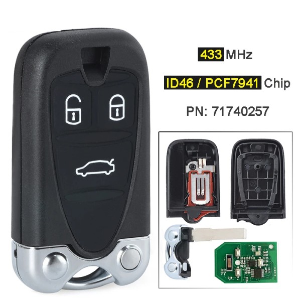 433MHz PCF7941 / ID46 Chip PN: 71740257 Remote Key Fob for Alfa Romeo 159 Brera Spider 2005-2007 2008 2009 2010 2011